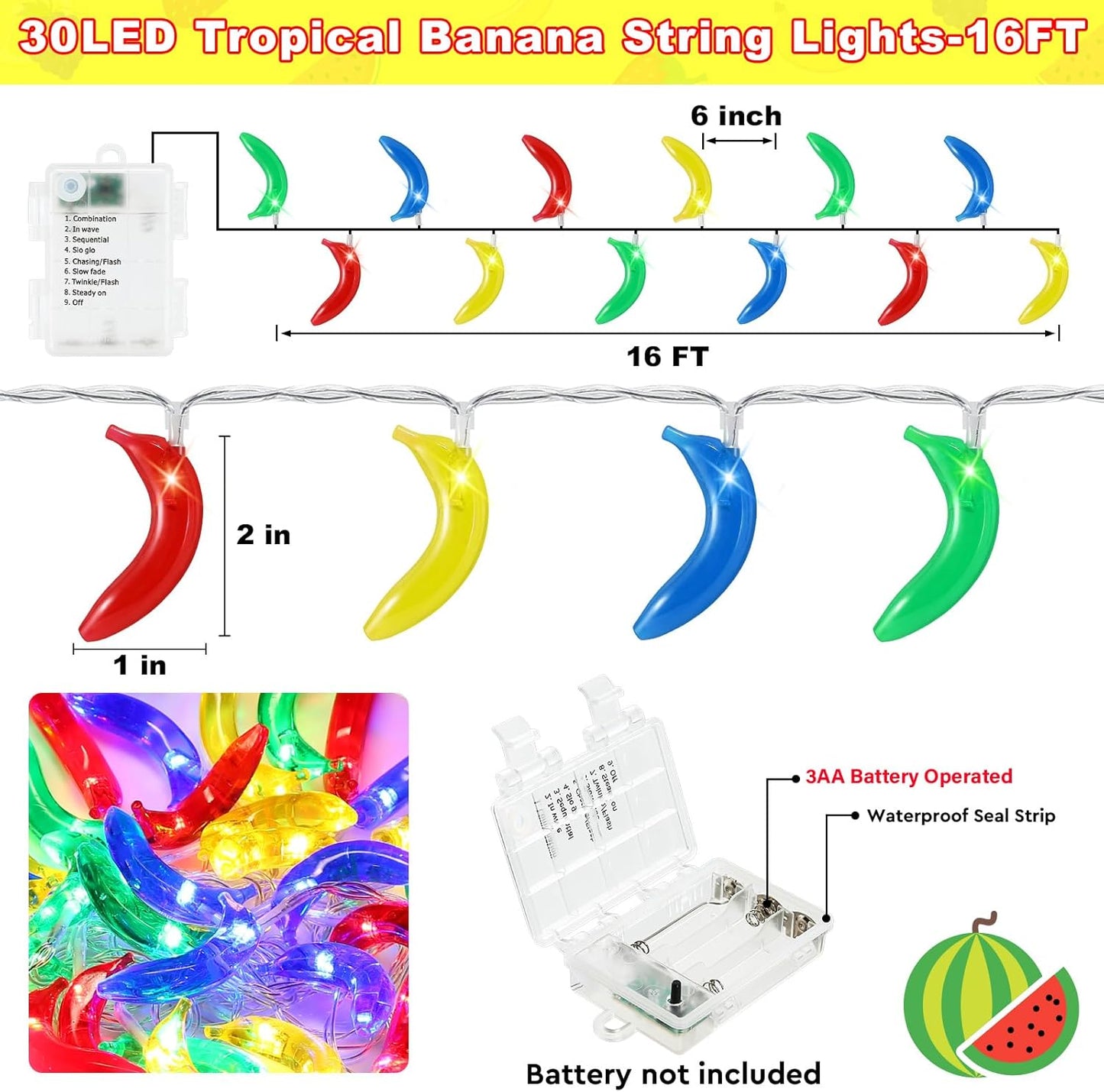 Couah [ 8 Modes & Timer ] Tropical Fruit Banana String Lights, 16 FT Summer String Lights with 30LED Banana Lights, Summer Fairy Lights Battery Operated for Tropical Beach Party Birthday Summer Decor
