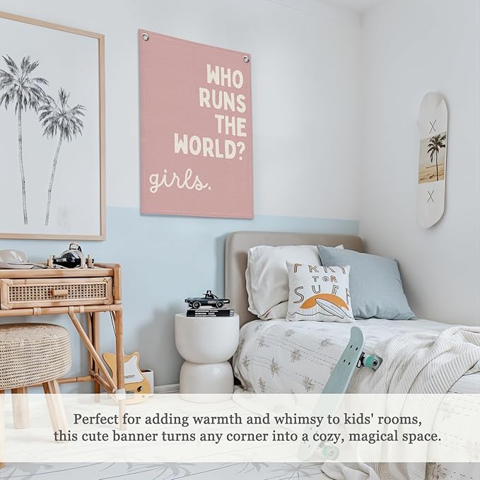 Girls Room Decor for Nursery Decor Linen Canvas Banner,Pink Who Runs The World Girl,Inspirational Wall Hanging Flag Banner for Baby Kids Girl Bedroom Dorm 18x25 Inch