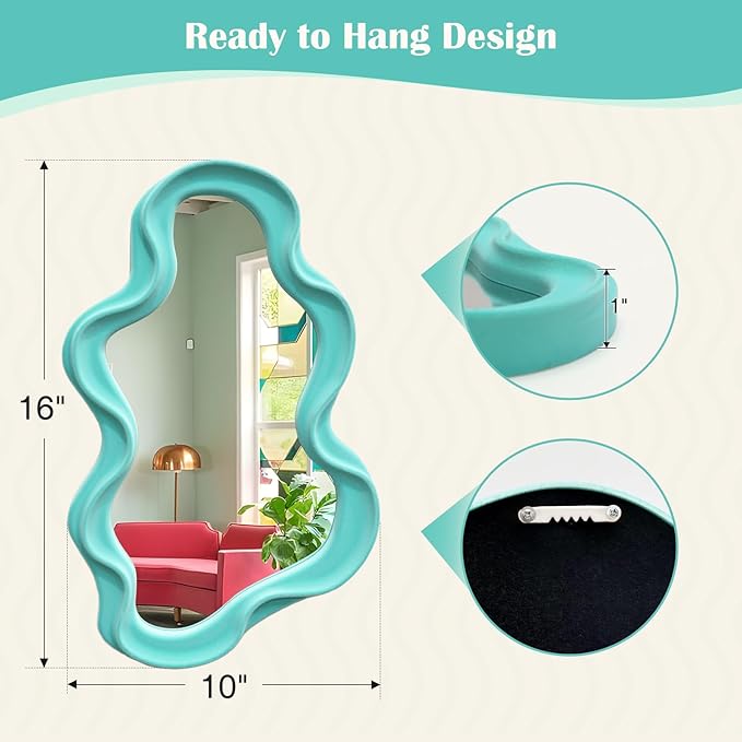 Wall Mirror Home Office Decor, Irregular Wall-Mounted Decorative Mirrors for Modern Apartment Bedroom Laundry Room Decoration, Hanging Wall Art Above TV Desk Table Decor (Turquoise Blue)