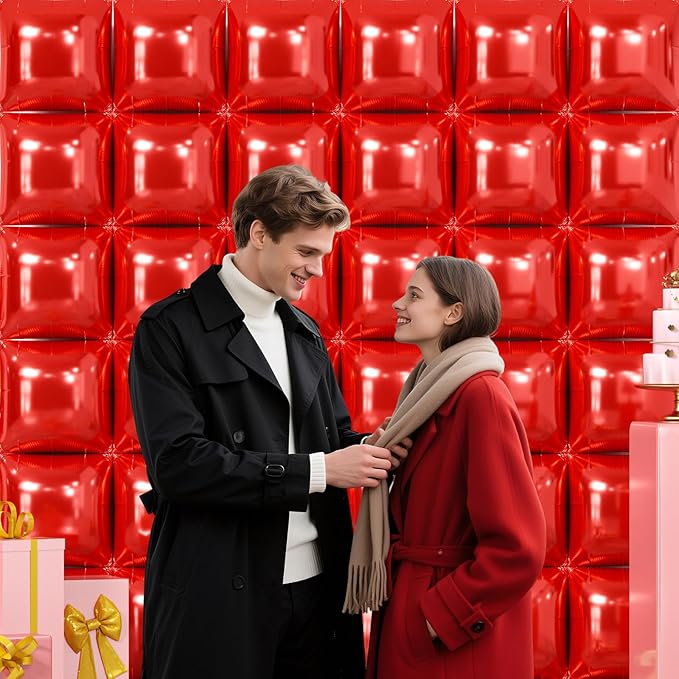 NISOCY 36PCS Red Square Foil Balloons Wall Backdrop Metallic Double Sided Red Christmas Balloons Tunnel Arch Kit for Birthday Baby Shower Valentine‘s Day Party Decoration