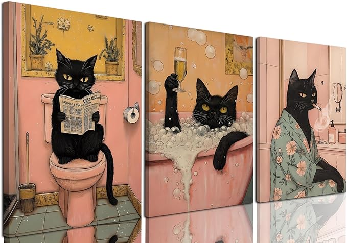 Funny Japanese Black Cat Bathroom Wall Art, Cute Japan Cat in Bathtub Wall Decor Paintings Funky Animal on Toilet Reading Newspaper Poster Canvas Prints Artwork 12x16 inch Framed