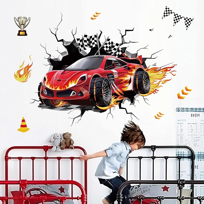 decalmile 3D Racing Cars Wall Decals Red Cars Flags Wall Stickers Baby Nursery Boys Bedroom Kids Room Wall Decor Gifts for Kids