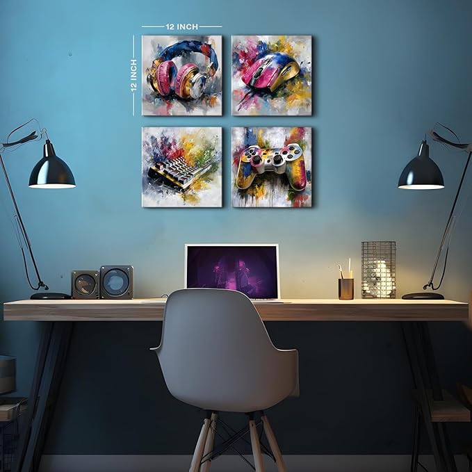 Graffiti Gaming Wall Art Colorful Gamer Wall Decor Abstract Video Game Controller Headphones Pictures Canvas Print Street Pop Painting Cool Artwork Teen Boys Bedroom Playroom Home Decoration 12x12” 4P