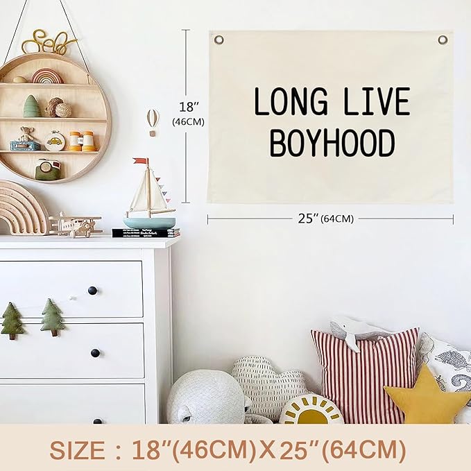 Canvas Banner Hanging Flag Banner for Nursery and Playroom Wall Décor for Kids Trendy Room Décor for Boys and Girls (Long live boyhood)