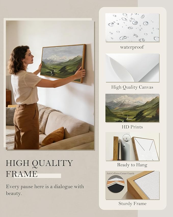 SHENIFY 20x40in Extra Large Vintage Framed Wall Art Mountain Range Valley River Landscape Painting Retro Meadow Scenery Farmhouse Bedroom Above of Bed Living Room Decor - Natural Framed