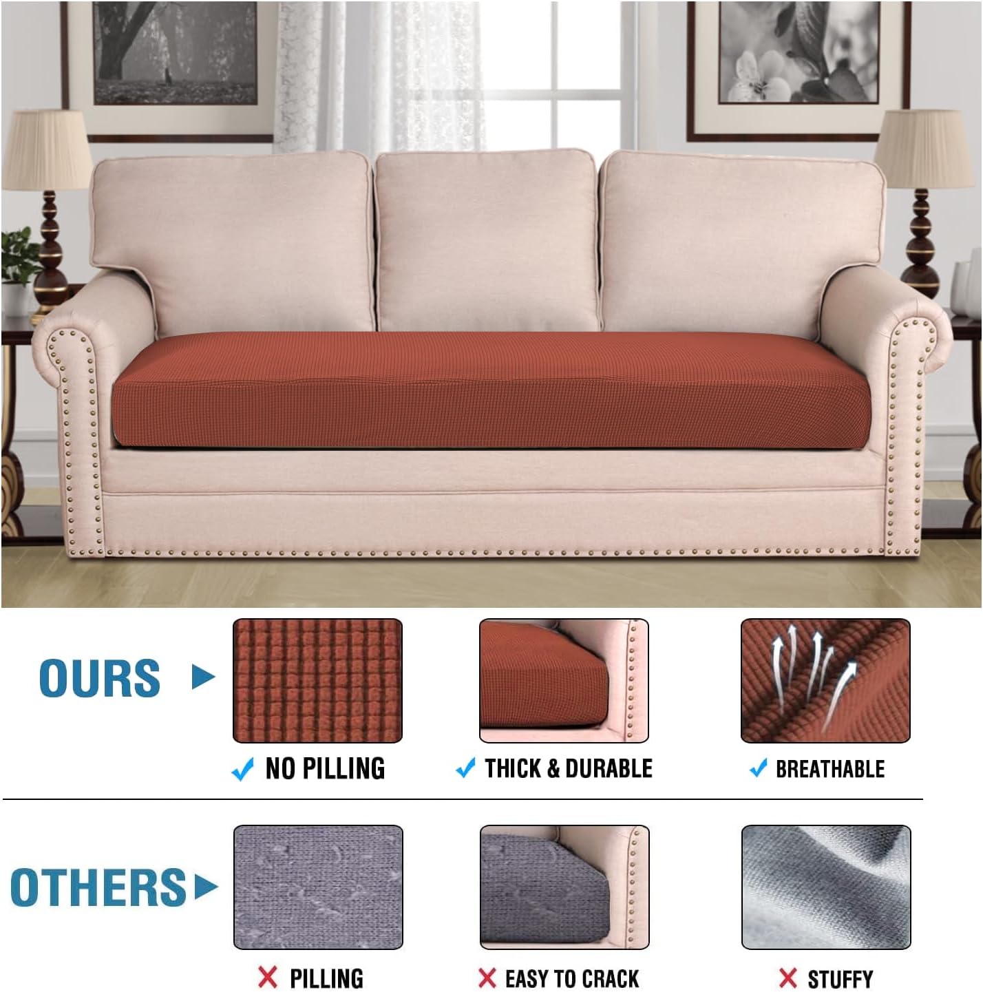 H.VERSAILTEX Super Stretch Individual Seat Cushion Covers Sofa Covers Couch Cushion Covers Slipcover Sets Thick Jacquard Textured Twill Fabric (1 Piece Sofa Cushion Cover, Rust)