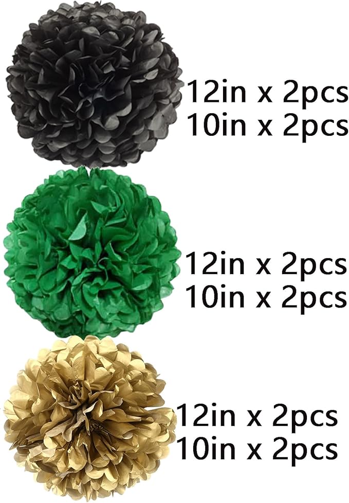 We Moment Black Dark Green and Gold Paper Pom Poms Decorations for Wedding Birthday Party Decoration Ceiling Wall Hanging Tissue Flowers Decorations 12pcs 3 Colors of 12 Inch 10 Inch