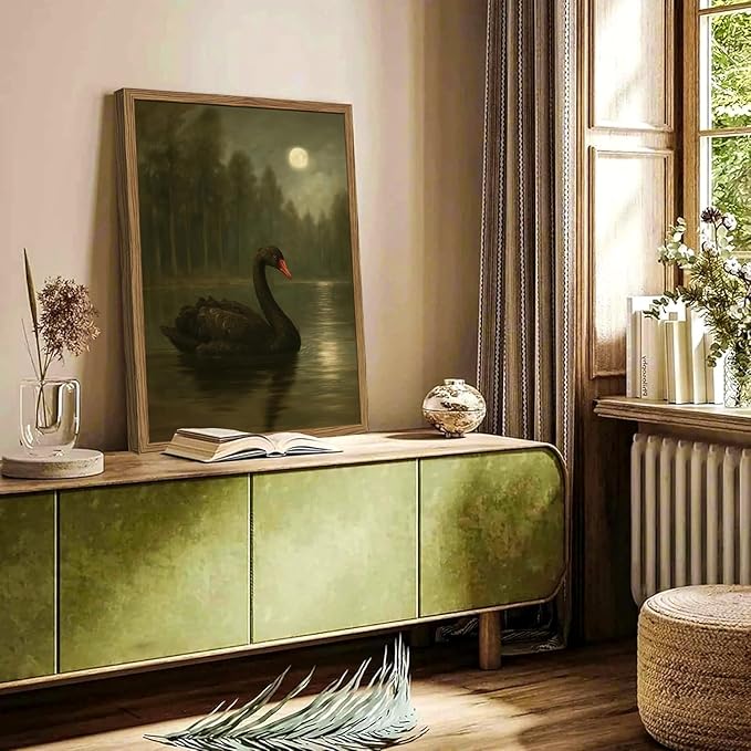 Framed Vintage Moonlit Black Swan Lake Wall Art Moody Gothic Pictures Wall Decor Paintings Artwork Animal Canvas Prints for Living Room Bedroom Dining Room Offices 16x24 inch