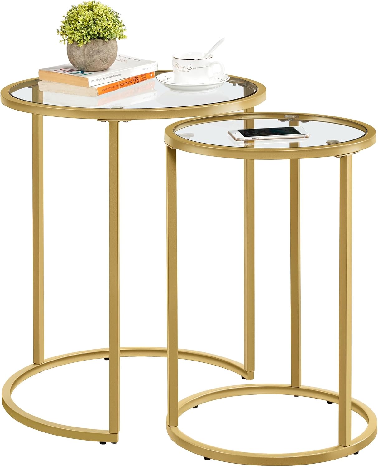 Yaheetech Round Nesting Side Table Stacking Coffee Table, Set of 2 Circular End Tables w/Metal Frame & Tempered Glass Top & Protective Foot Pads for Small Space Living Room Office, Mustard Gold