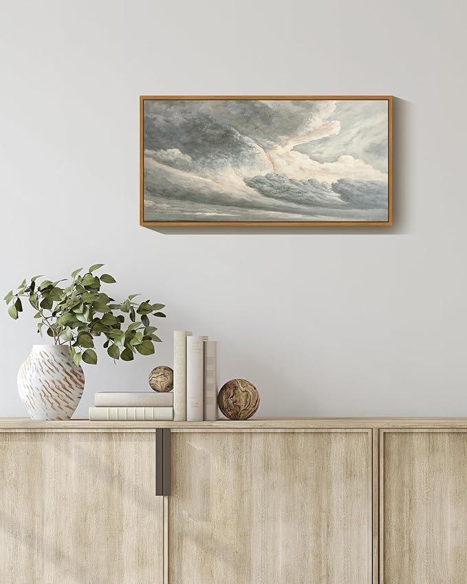 SHENIFY Vintage Framed Wall Art Clouds in the Sky Landscape Painting Retro Cloudy Scenery Farmhouse Kitchen Living Room Decor - 8x16in Natural Framed