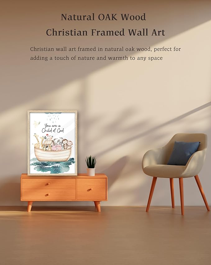 KensTro Natural OAK Wood Noah Ark Framed Wall Art, 12x16 in Being Loved By God,Ark Guardian Animal Christian Bible Verse Canvas Art,You Are a Child of God,Set of 1 Decor Painting for Children's Space