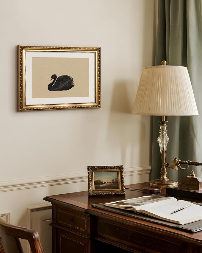 VIYYIEA Gold Framed Black Swan Vintage Canvas Wall Art, Elegant Wildlife Decor for Living Room or Office | Lightweight No Glass Design, Zero-Glare Textured Finish | 13x16 Inch