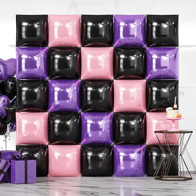 NISOCY 25PCS Purple Pink Black Square Foil Balloons Wall Backdrop Double Sided Black Pink Balloon Arch Kit for Birthday Baby Bridal Shower Carnival Cocktail Girls Theme Party Decoration