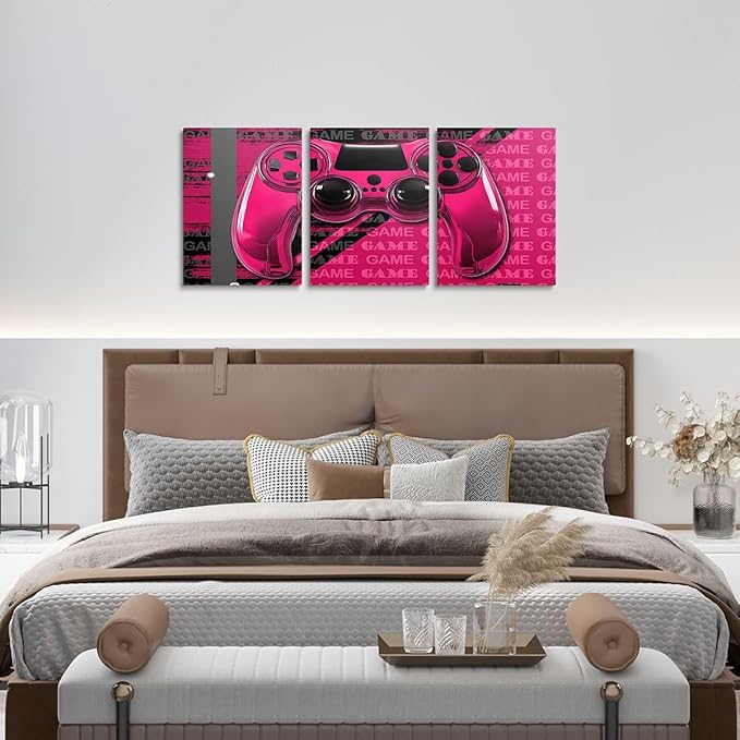Feelyou Gamer Canvas Wall Art 12" x 16" 3 Piece Game Controller Office Wall Artwork Posters for Teens Adults Gaming Gifts Bathroom Wall Art for Home Gamepad RoseRed and Black Wall Painting