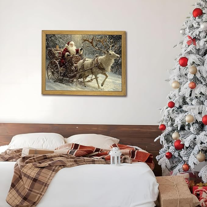 Wood Framed Vintage Santa Claus Sleigh Wall Art, Classic Christmas Reindeer Canvas Print Painting, Christmas Wall Decor Ornaments Picture for Living Room Bedroom Kitchen Xmas Home Decor 16x24 Inch