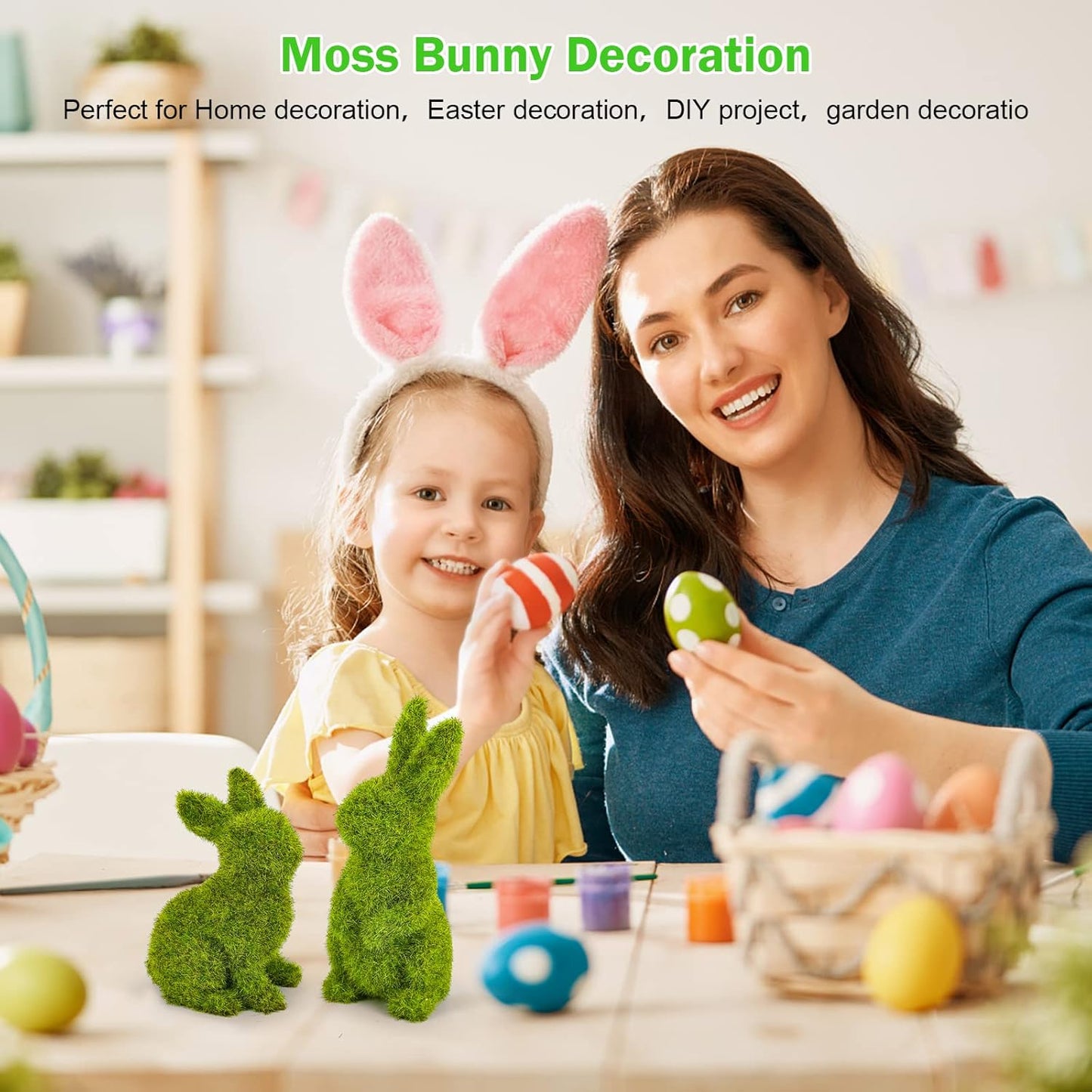 Easter Bunny Decorations,Resin Moss Bunny Figurine,Garden Artificial Moss Rabbit Easter Décor Party Favors Gifts(Medium Stand)