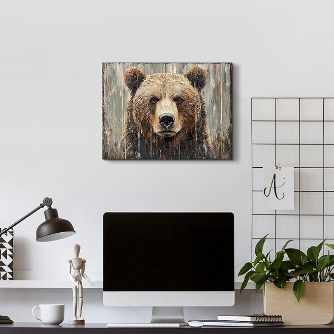 Rustic Bear Pictures Wall Decor Bear Wall Art Farmhouse Animal Decor for Living Room Bedroom Vintage Wildlife Animal Head Canvas Prints Nursery Painting Hunting Cabin Artwork Home Decoration 12x16"