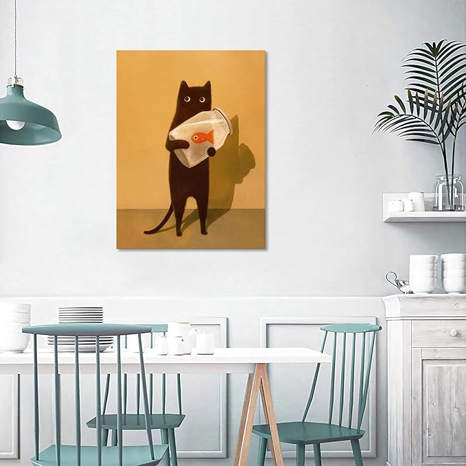 Funny Black Cat Wall Art, Abstract Black Cat and Fish Canvas Poster Print Picture, Cute Animal Wall Decor, Perfect for Cat Lovers for Bathroom Living Room Bedroom Kids Room 16x24 in Framed