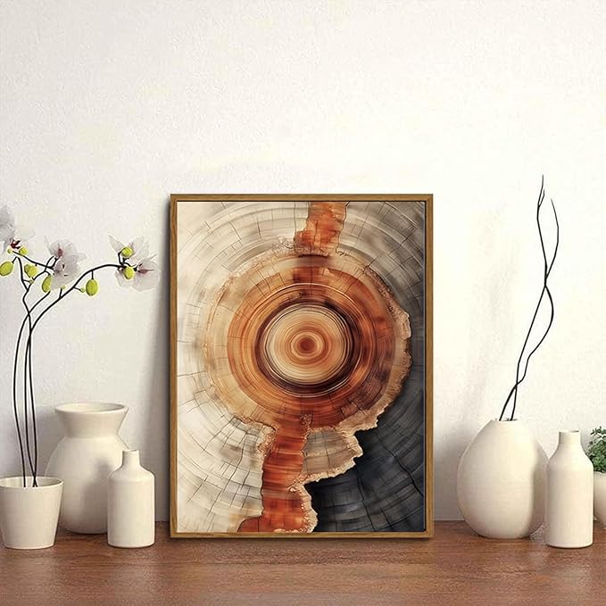IBHJSART Framed Tree Ring Canvas Wall Art Vintage Colorful Wood Stump Painting Prints Modern Minimalist Pictures Neutral Nature Rustic Farmhouse Decor Living Room Bedroom Bathroom Office