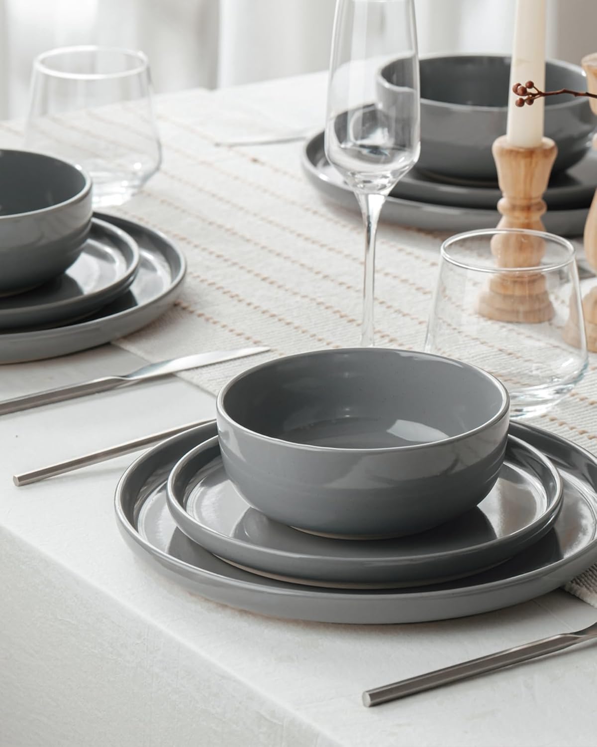 Famiware Milkyway Plates and Bowls Set, 12 Pieces Dinnerware Sets, Dishes Set for 4, Dark Gray