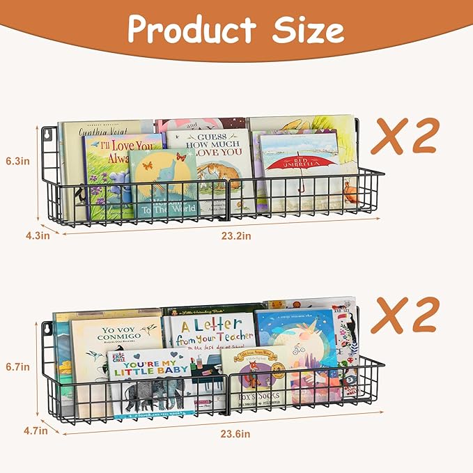 X-cosrack 24 Inch Wall Mounted Kids Bookshelf, Floating Metal Book Shelves for Kids Nursery Toddler Classroom, Hanging Book Shelf Organizer for Room Decor, Black, Set of 4