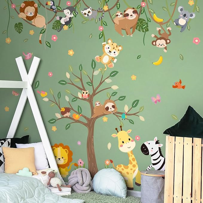 Large Jungle Animals Tree Wall Decals Safari Animals Climbing Trees Wall Stickers Elephant Giraffe Lion Sloth Wall Stickers for Baby Nursery Kids Room Playroom Classroom 90.94" x 62.59"