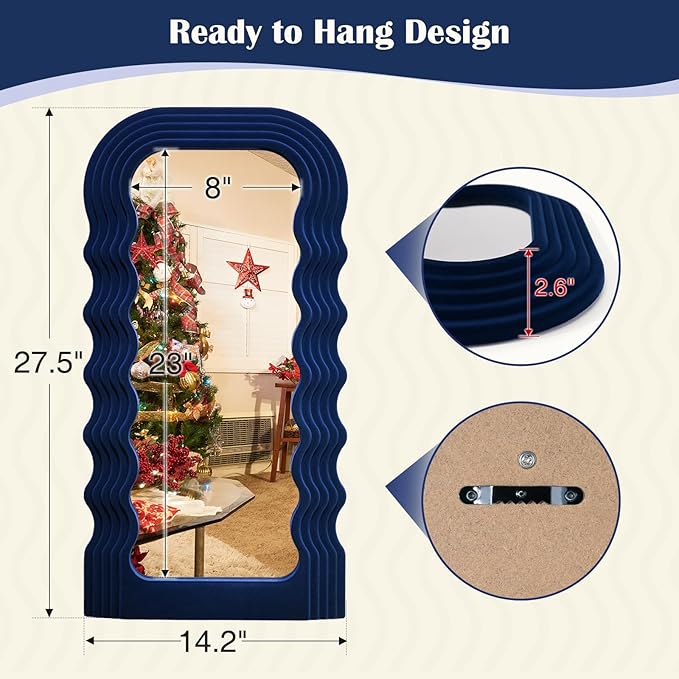 Funky Wall Mirror Decor for Hallway Entryway, 14x28 Asymmetrical Decorative Mirrors for Home Office Living Room, Maximalist Home Decor for Housewarming Christmas Wedding Gift (Dark Blue)