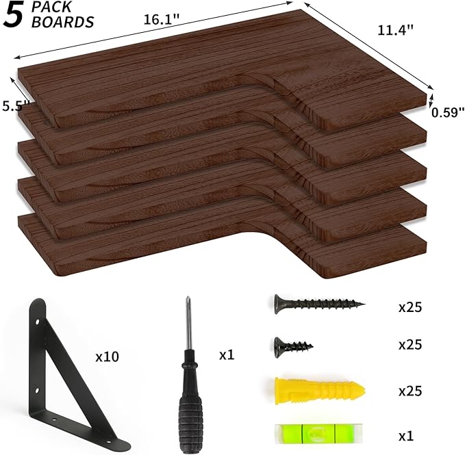 Fixwal Floating Shelves for Wall, Rustic Wood Wall Mounted Corner Shelf for Bathroom, Kitchen, Bedroom, Home Decor, Laundry Room, Living Room, Set of 5 (Walnut Brown)