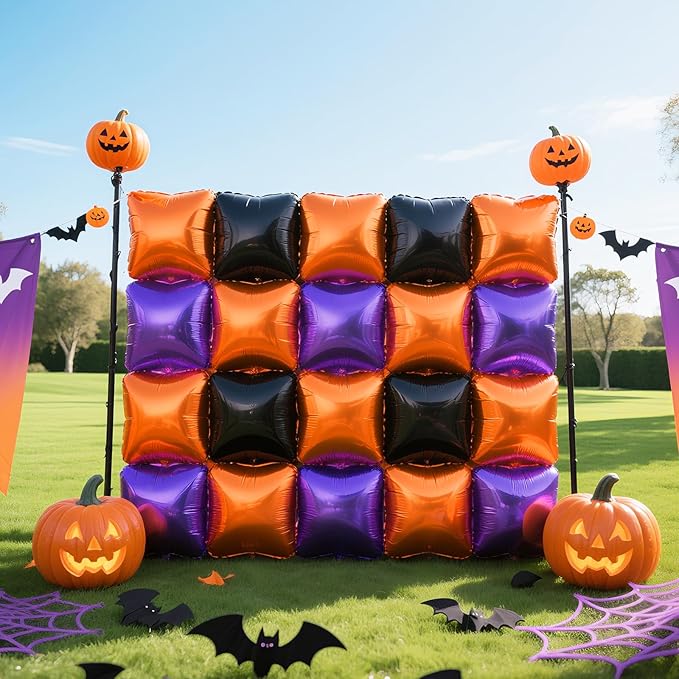 NISOCY 25PCS Orange Purple Black Square Foil Balloons Wall Backdrop Metallic Double Sided Orange Purple Black Balloons Tunnel Arch Kit for Halloween Birthday Graduation New Year Party Decorations