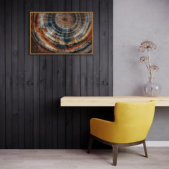 BingruiArt Framed Tree Ring Canvas Wall Art Abstract Wood Wall Decor Boho Modern Colorful Nature Painting Wood Stump Prints Pictures for Living Room Bedroom Bathroom Office 16"x24" Natural Framed(04)