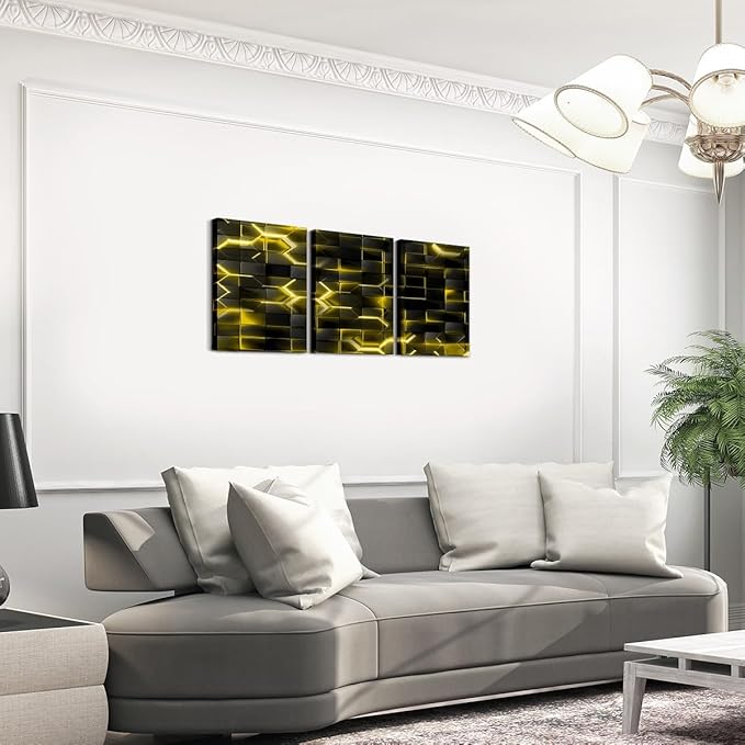 Feelyou Yellow and Black Picture Wall Decor 12"x16" 3 Piece Honeycomb Canvas Wall Art Decor Hexagon Theme Office Decorations Artwork Posters Geometrical Beehive Painting