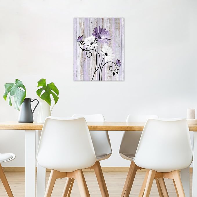 HVEST Vintage Daisy Wall Art Purple Flower and Butterfly on Rustic Wooden Abstract Painting Farmhouse Plant Wall Art for Bathroom Living Room Bedroom Kitchen Decor Ready to Hang, 10Lx8W Inches