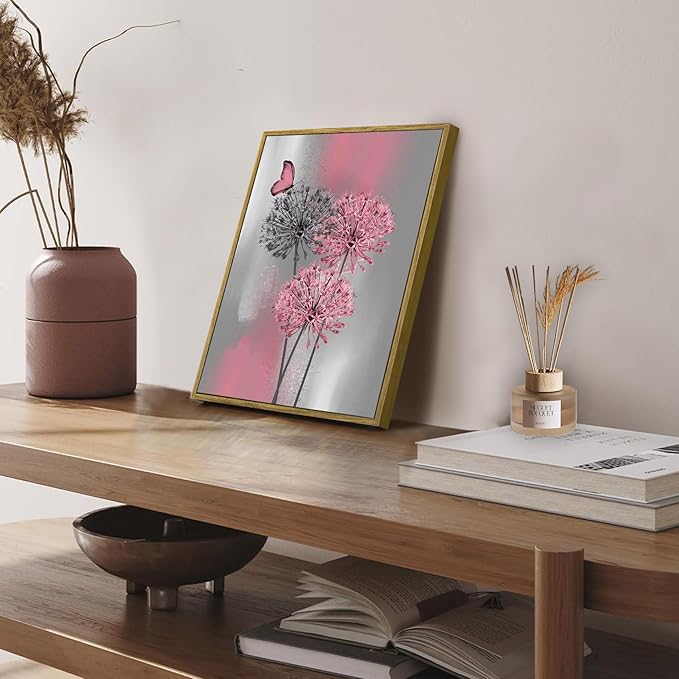 LB Pink Dandelion Framed Wall Art with Butterfly - Modern Pink Grey Canvas Wall Art for Home Contemporary Aesthetic Wall Decor for Home, Ready to Hang 17x12 Inch, Living Room Bedroom Bathroom Decor