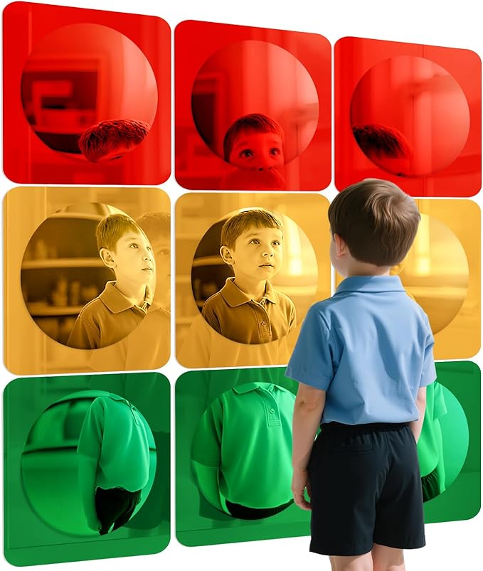 Geiserailie 9 Pcs Sensory Wall Mirror Acrylic Bubble Mirror Toys for Calming Corner Items - Sensory Room Have Visual, Tactile Stimulation (10 x 10 Inch,Red,Yellow,Green)