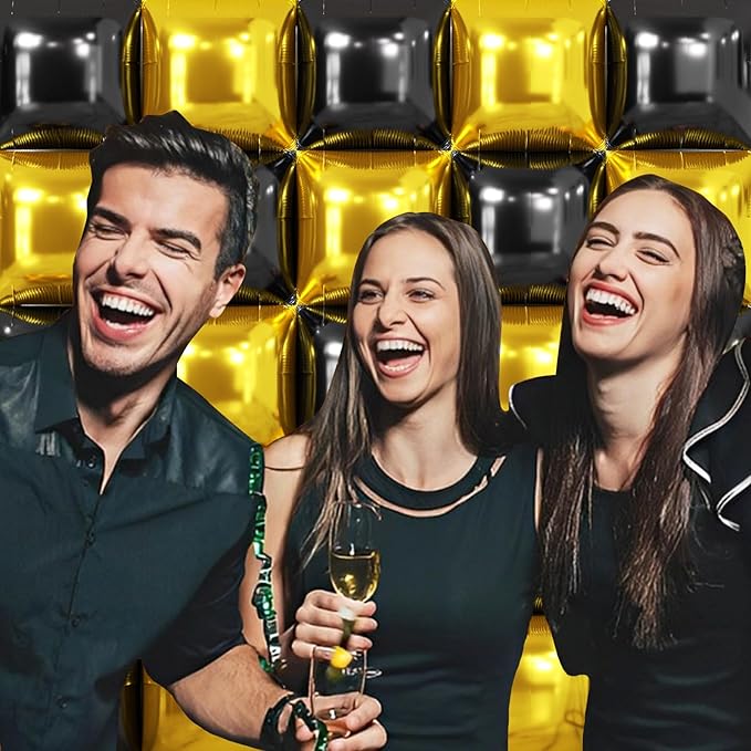 NISOCY 25PCS Black Gold Square Foil Balloons Wall Backdrop Double Sided Metallic Black Gold Balloons Arch Kit for 2026 New Year Graduation Anniversary Birthday Engagement Bridal Party Decorations