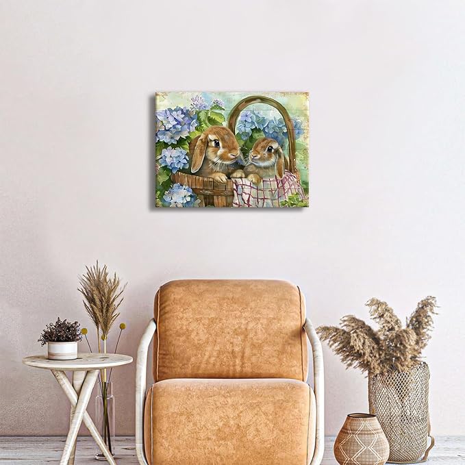 Bunny Wall Art Decor Cute Rabbits Flowers Canvas Prints Pictures for Kitchen Dining Room Decor Rustic Animals Floral Painting Vintage Farmhouse Easter Artwork for Bedroom Home Decorations 12x16"