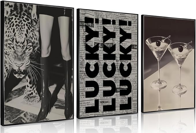 Trendy Leopard Wall Art Fashion Cheetah Lucky Martini Wall Decor Pictures Funky Vintage Preppy Luxury Aesthetic Posters Prints for Girly Bedroom Apartment Dorm Decoration Unframed 16x24in