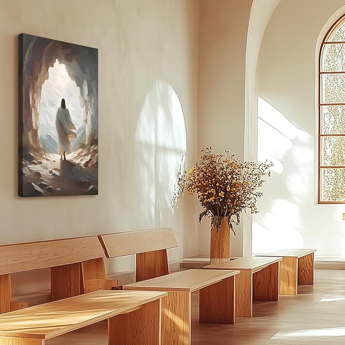 HLXRAE Framed Jesus Wall Art, Jesus Resurrection Leaves the Tomb Canvas Painting, Minimalist Christian Empty Tomb Poster Print, Christian Wall Decor for Church Prayer Room Hospitals Home 12"x16"