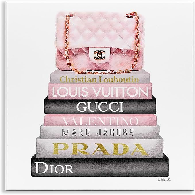 Stupell Industries Watercolor High Fashion Bookstack Padded Pink Bag Wall Plaque Art, 12 x 12, Pink, for Bedroom