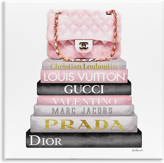 Stupell Industries Watercolor High Fashion Bookstack Padded Pink Bag Wall Plaque Art, 12 x 12, Pink, for Bedroom
