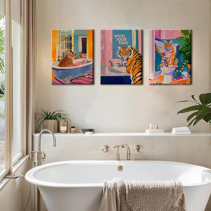 Funny Tiger Bathroom Wall Art Set of 3 Whimsical Tiger in Bathtub Canvas Wall Decor Painting Maximalist Animal Bathroom Poster Print Aesthetic 16x24 inch Framed