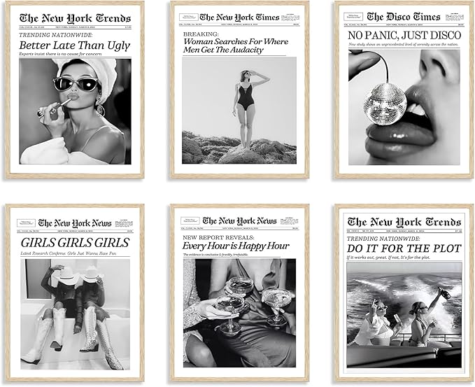 TWNSLLA Trendy Newspaper Wall Art Woman Searches For Where Men Get The Audacity Posters Prints,New York Times Wall Art Canvas,Vintage Bart Cart Decor Retro Girl Dorm Room Decor Aesthetic,11x14inchx6pcs,Unframed