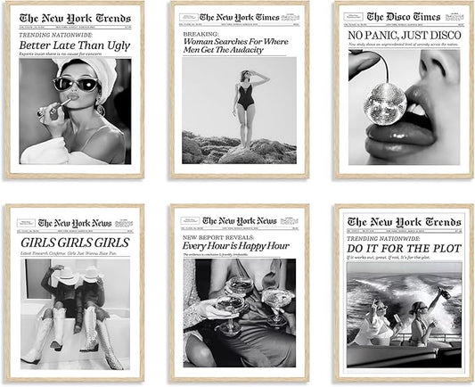TWNSLLA Trendy Newspaper Wall Art Woman Searches For Where Men Get The Audacity Posters Prints,New York Times Wall Art Canvas,Vintage Bart Cart Decor Retro Girl Dorm Room Decor Aesthetic,11x14inchx6pcs,Unframed