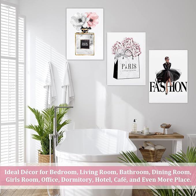 CoziTech Framed Fashion Women Canvas Wall Art for Girls Bedroom Decor, Flower Modern Pink Wall Art , Perfume Handbag Prints Wall Pictures Dorm Decor, Gift for Woman Gift for Girls. Set of 3. 12x16 in – (Ready to Hang)