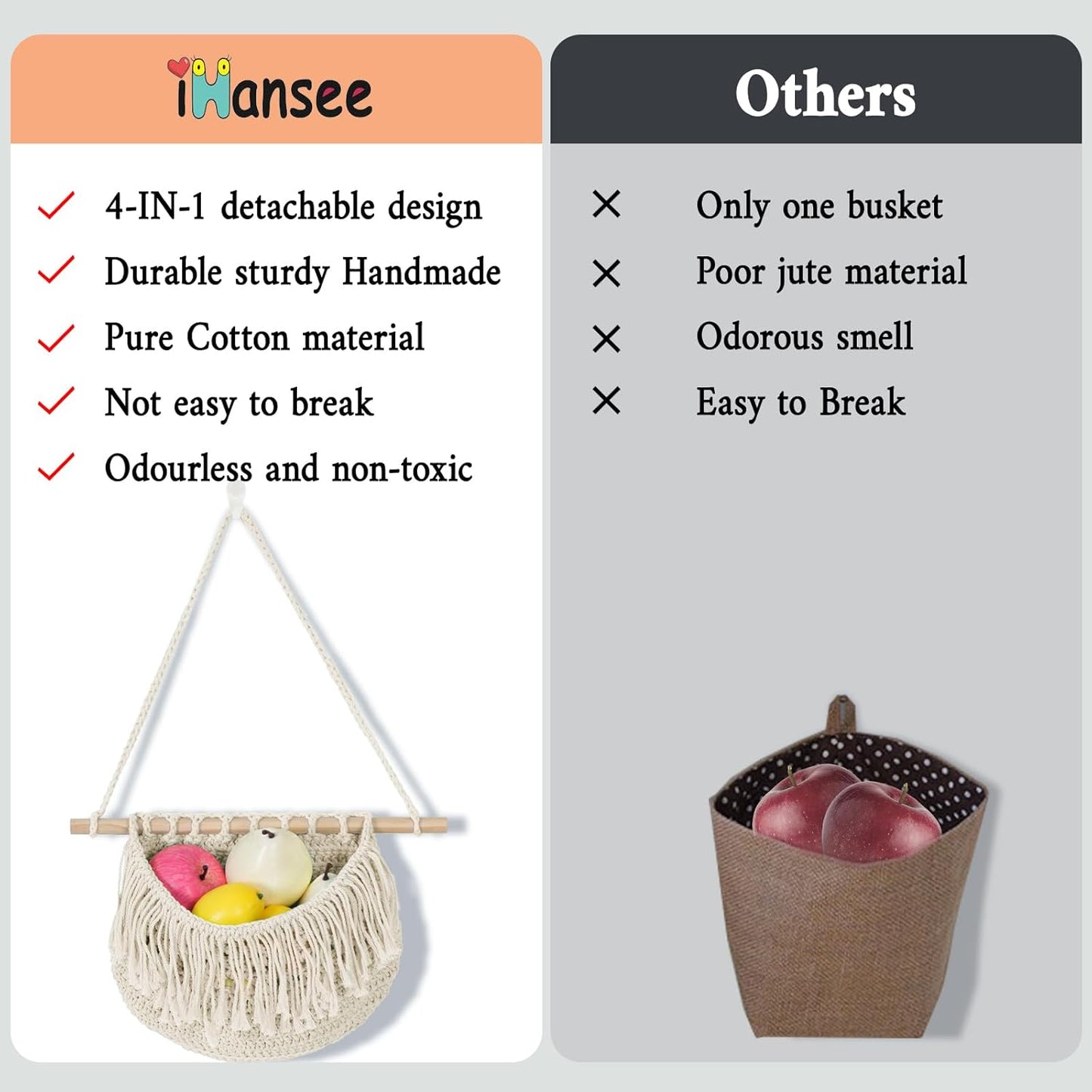 4 Tier Hanging Fruit Basket for Kitchen, Beige Boho Cotton Rope Crocheted Fruit Holder for Bathroom Bedroom, Detachable Wall Hanging Basket Shelves Over Door Organizer for Fruits Veggie Plant Decor