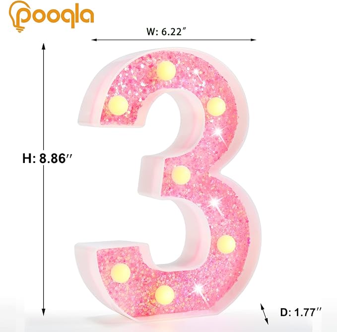 Pooqla Marquee Numbers Lights, light up Numbers Battery Powered, Glitter Lighted Numbers for Girls 3rd Birthday Party, Shiny LED Numbers for Christmas Wedding Home Bar Decoration, Pink Number 3