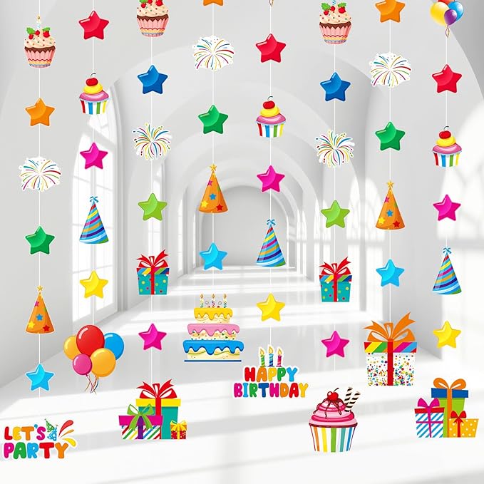 8 Pcs Happy Birthday Party Decorations Let's Party Garland Streamers Colorful Rainbow Birthday Theme Hanging Paper Cutouts Banner for Wall Backdrop Classroom Door Ceiling Decorations Supplies