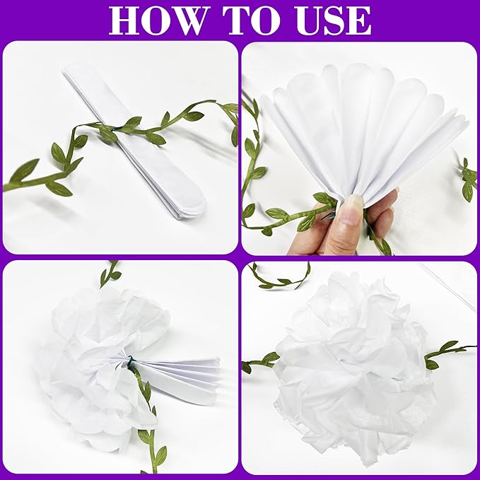 Ombre Purple White Party Decorations Lavender White Tissue Paper Flowers Pom Pom with Leaf Ribbon Hanging Garland Streamer for Birthday Baby Shower Bachelorette Wedding Lilac Violet Party Supplies