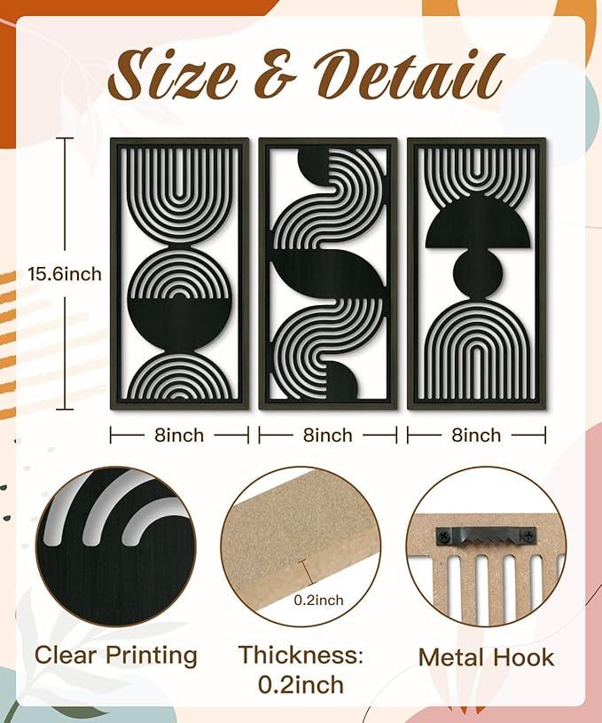 Putuo Decor Modern Minimalist Wall Art Set of 3, Black and Gray MDF Cut-Out Geometric Line Panels, Abstract Vertical Art for Living Room Bedroom Office Wall Decor