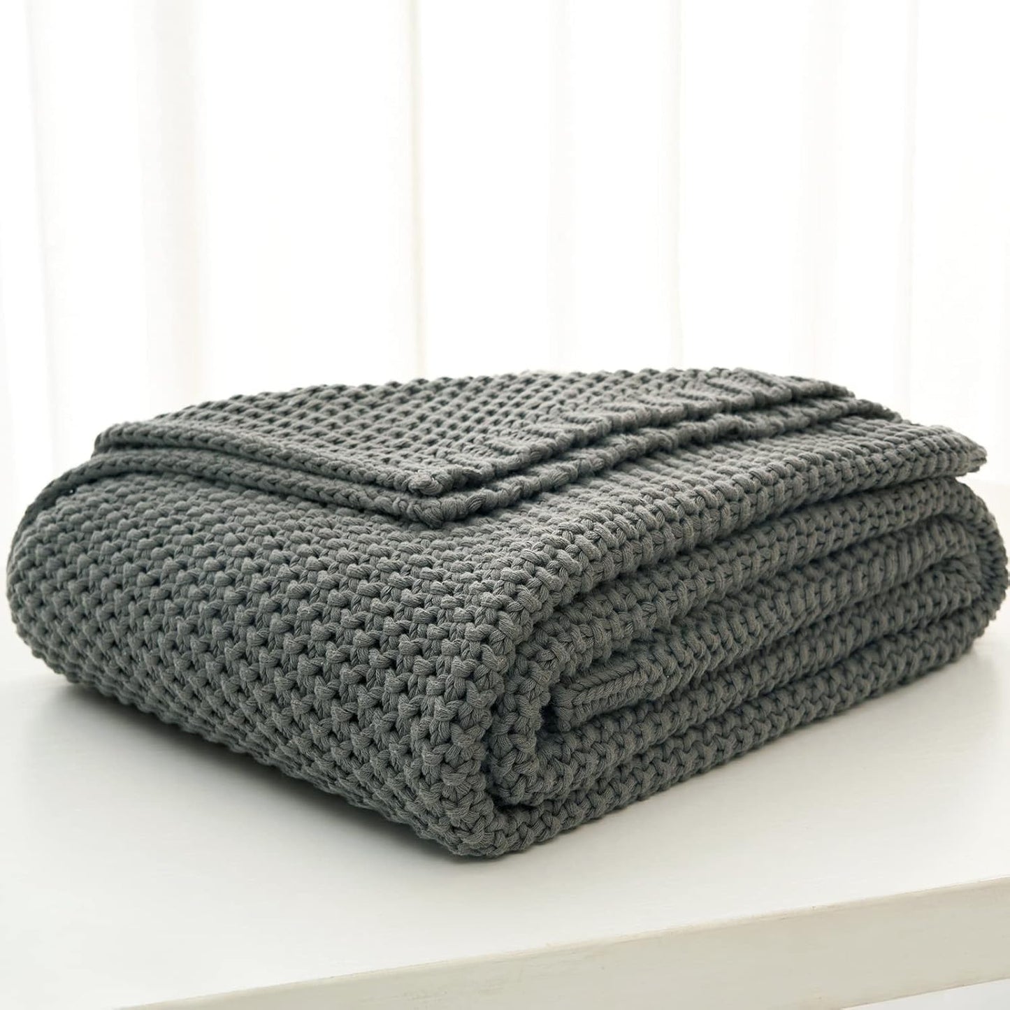 Longhui bedding Chunky Cable Knit Throw Blanket Lightweight Grey 100% Organic Cotton Blanket for Sofa Couch Bed Baby Nursery, Rustic Shabby Chic Modern Farmhouse, Gray 51” x 63” Give Laundering Bag